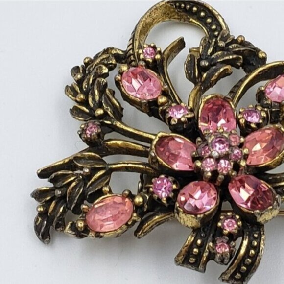 Vintage Signed Coro Flower Brooch Pink Gold Tone - Picture 7 of 14